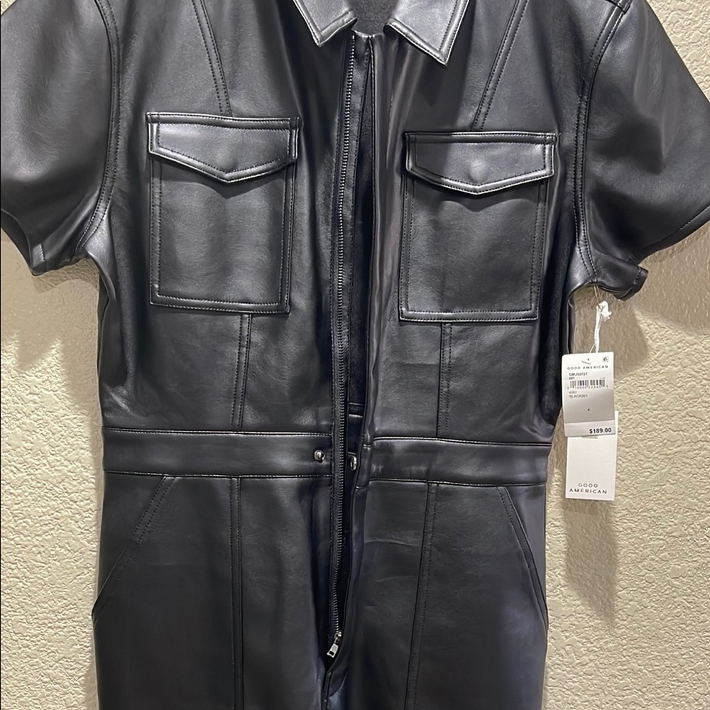 Good American Faux Black Leather Jumpsuit with Modern Edge - Picture 6 of 12